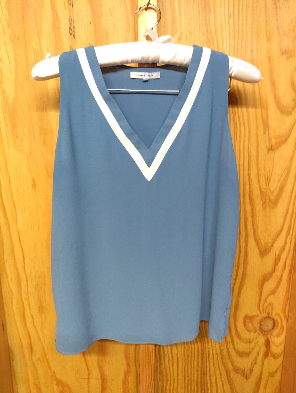 Naked Zebra Slate Blue V-Neck Sleeveless Chiffon Tank Top White Trim Small S